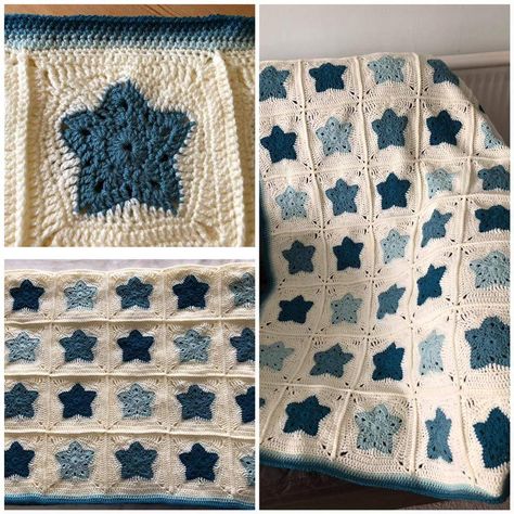 Sun Moon And Star Crochet Blanket, Crochet Random Granny Square Blanket, Crochet Granny Square Star Blanket, Crochet Blanket With Stars, Crochet Blanket Ideas Aesthetic, Star Granny Square Blanket, Rainbow Yarn Crochet Ideas, Funky Granny Squares, Star Granny Square Crochet Pattern Free