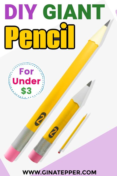 Two giant yellow pencils with a pink eraser, silver band,   pencil point and a number 2 next to a regular sized pencil Diy Giant Pencil Prop, Giant Pencil Decoration, How To Make A Giant Pencil, Large Pencil Decoration, Diy School Decor, School Supplies Bulletin Board Ideas, School Supplies Decoration Ideas, Back To School Props For Pictures, School Picture Backdrop