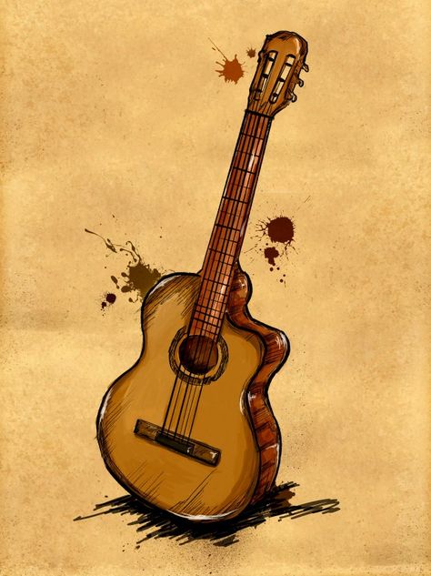 Drawing On Guitar, Drawing Of Guitar, Guitar Art Drawing, Guitar Painting Ideas, Acoustic Guitar Painting, Guitar Draw, Guitar Drawings, Guitar Paintings, Instruments Drawing