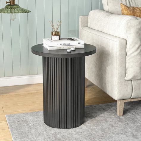 Hokku Designs Serwon Pedestal Wood Round End Table | Wayfair Black Side Table Living Room, Circle Bedside Table, Black Accent Table, Black End Tables, Small Accent Tables, End Table Wood, Pedestal Side Table, Solid Wood Side Table, Round Wood Coffee Table