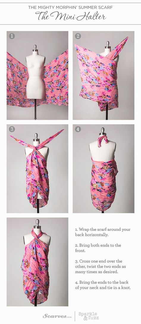 20 Stylish Ways To Wear A Scarf - Society19 Tie A Scarf, Robe Diy, Dresses By Pattern, Sarong Wrap, Multiple Outfits, Diy Vetement, Diy Scarf, Beach Coverup, Scarf Dress