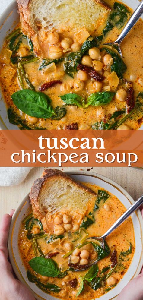 Cozy up with a warm bowl of Tuscan Chickpea Soup that is a great recipe for the cooler months. It combines Mediterranean flavors like sundried tomatoes and fresh herbs with hearty chickpeas for a creamy soup that will be one of your new favorites! I love this soup in the fall and winter months. Pair with some toasted bread for the perfect dinner. Mediterranean Flavors, Chickpea Soup, Sundried Tomatoes, Toasted Bread, Vegan Soup Recipes, Soup Season, Chickpea Recipes, Perfect Dinner, Tasty Vegetarian Recipes