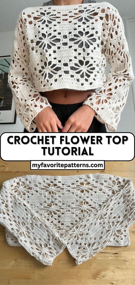 Crochet Flower Top Tutorial - Free Crochet Pattern Crochet Shirt Pattern, Crochet Crop Top Pattern, Mode Crochet, Crochet Vest Pattern, Crochet Ladies Tops, Crochet Design Pattern, Crochet Tops Free Patterns, Crochet Summer Tops, Crochet Fashion Patterns