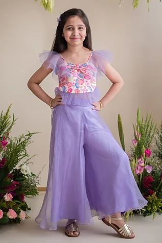 Crop Top And Palazzo, Plazzo Dress, Crop Tops For Kids, Simple Kurta, Purple Floral Top, Simple Frock Design, Daughter Dress, Girls Frock, Function Dresses