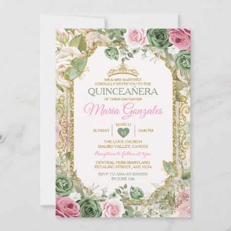 Pink Quinceañera Sage Green Gold Crown Butterfly #misquinceinvitation #misxvanos #floralprincessmisquince #mexicansweet15th #spanish16thbirthday #butterflysagegreengoldinvitation #sagegreengoldquinceanerainvitation #sagegreenmisquinceinvite #pinkprincessquinceanerainvitation #pinkflowersmisquince Sage Green Enchanted Forest Quince, Quince Invitations Enchanted Forest, Fairy Theme Quince, Quinces Invitation, Pink And Sage Green Quinceanera, Fairy Themed Quinceanera, Sage Green Quince Theme, Green And Pink Quinceanera, Quince Extras