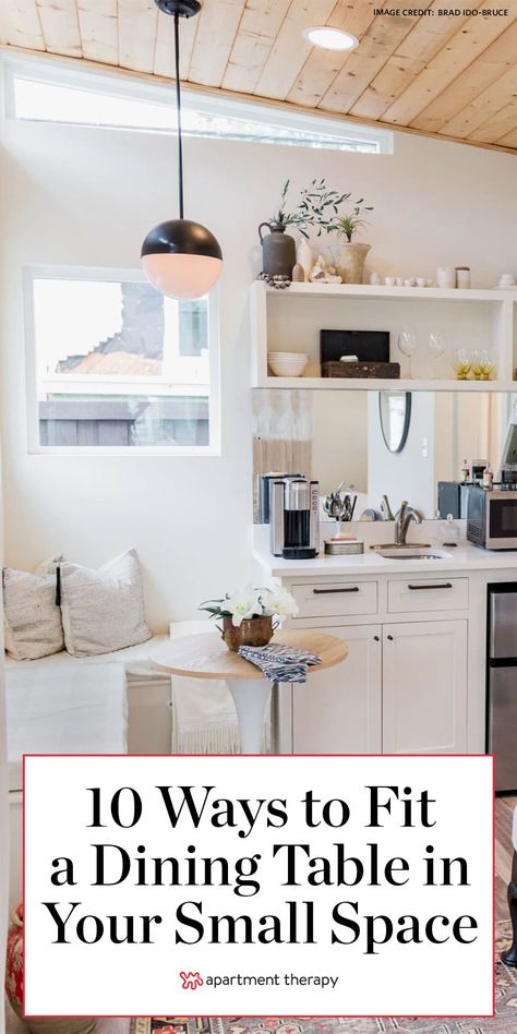 It's time to get creative with these tricks that will help you fit a dining area in even the smallest of living spaces.  #smallspaces #smalllivingroom #studio #diningroom #diningtable #smalldiningroom #smalldiningtable #diningarea #smallspacehacks #table #designtricks Tiny Kitchen And Dining Combo, Small Condo Dining Table, Dine In Kitchen Ideas Small Spaces, Dining Tables For Small Apartments, Small Space Table Ideas, Tiny Dinning Ideas, Tiny Home Dining Area, Small Condo Dining Area, Small Kitchen With Dining Area