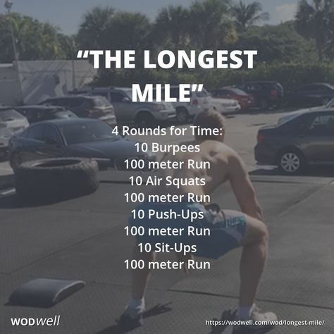 "The Longest Mile" workout was first posted in the CrossFit Forum by Shane Threlkeld on July 17, 2008. It has since been adopted as a benchmark WOD by multiple gyms throughout the CrossFit community.  See videos of athletes completing the workout in 17:12 and 16:50 at wodwell.com Crossfit Workouts With Running, Crossfit Running Workouts, Impossible Mile Workout, Wod Workouts Crossfit, Running Wod, Wods Crossfit, Crossfit Workouts Wod, Beachbody Workout, Cross Fitness