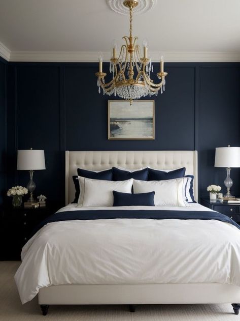 Navy Gold Bedroom, Navy Blue Bedroom Walls, Blue And Cream Living Room, Blue And Cream Bedroom, Bedroom Moody, Coastal Bedroom Decor, Cream And White Bedroom, Blue And Gold Bedroom, Empty Rooms Interior