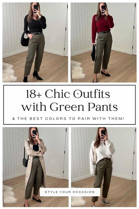 Wondering how to style a green pants outfit? Get 19+ outfit ideas for women that show just how great green pants can look. For work or casual, spring, summer, or even winter, there's great ideas here. Whether it's an olive green pants outfit or another shade of green, achieve the perfect green pants aesthetic with these ideas. Mexico, Green Dress Pants Outfit Business Casual, Work Outfit Green Pants, Olive Trousers Women Outfit, Olive Green Pants Outfit Work Business Casual, Green Pant Outfit Woman, Outfit With Olive Green Pants, Olive Pants Outfit Winter, Olive Green Pants Outfit Winter