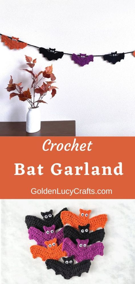 Crocheted bat garalnd for Halloween. Bat Garland, Crochet Fall Decor, Fun Diy Halloween Decorations, Bunting Pattern, Crochet Bat, Crochet Bunting, Crochet Garland, Fall Crochet Patterns, Crochet Halloween