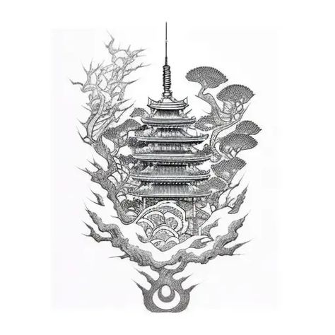 Chinese Tower Tattoo, Japanese Shrine Tattoo, Japanese Tower Tattoo, Tower Tattoo, Temple Tattoo, Japanese Shrine, Traditional Japanese Architecture, Statue Tattoo, Tower Garden