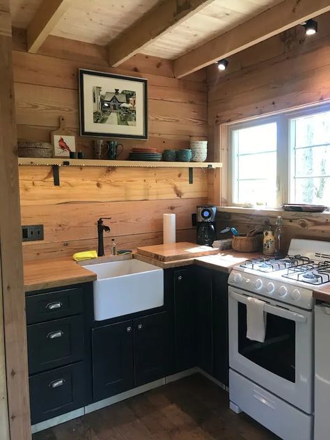 Tiny Cabin Renovation, Tiny Cabin Kitchen Tiny House, Small Cabin Renovation Ideas, Hunting Camp Ideas Cabin Kitchen, Tiny Cabin Airbnb, Small Cabin Airbnb, 16x30 Shed House Interior, Secret Nooks In Houses, Tiny Cabin In The Woods