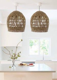 Rope Lamp Shade, Light Interior Design, Rattan Pendant Lights, Eclectic Lighting, Pendant Light Set, Rope Lamp, Rattan Pendant, Coastal Interiors Design, Rattan Pendant Light