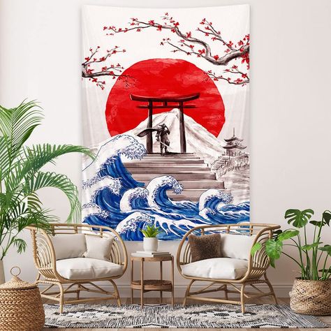 Samurai Bedroom, Anime Themed Bedroom, Japan Bedroom, Roses Bedroom, Wave Tapestry, Bedroom Japanese, Anime Samurai, Aesthetic Tapestry, Japanese Art Samurai