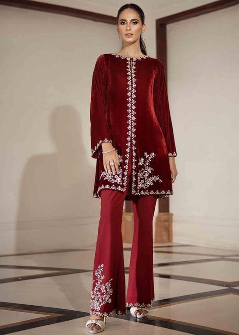 Couture, Winter Wedding Suit, Velvet Kurti, Velvet Tunic Dress, Deep Red Velvet, Full Sleeves Dress, Velvet Dress Designs, Trouser Suit, Kurtis With Pants