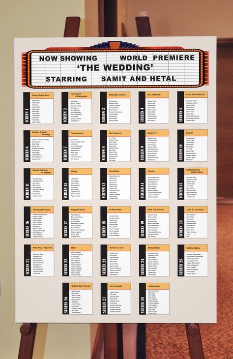 Seating Plan board for a Movie night themed Wedding reception. See more at Facebook.com/dovesandpeacocks Cinema Themed Wedding, 18th Debut, Deco Cinema, Plan Board, Movie Theme Wedding, Reception Seating Chart, Wedding Table Themes, Movie Ticket, Wedding Reception Seating