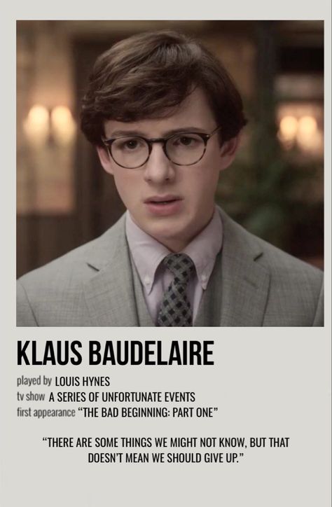 minimal polaroid character poster for klaus baudelaire from a series of unfortunate events Klaus A Series Of Unfortunate Events, Klaus Series Of Unfortunate Events, Klaus Baudelaire Wallpaper, A Series Of Unfortunate Events Klaus, Asoue Poster, Klaus Baudelaire Edits, A Series Of Unfortunate Events Poster, Klaus Baudelaire Aesthetic, A Series Of Unfortunate Events Aesthetic