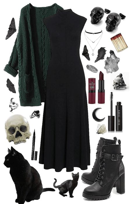 All Black Witch Outfit, Halloween Work Outfit Ideas, Witchy Aesthetic Clothing, Green Witch Outfit Modern, Edgar Allen Poe Outfit Women, Witchy Corporate Outfits, Witch Fashion Modern, Witchy Clothes Aesthetic Modern, Witch Cottagecore Outfits