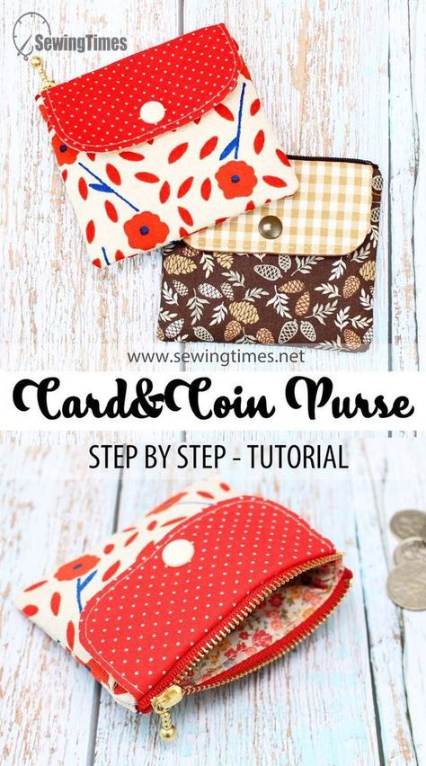 DIY Card & Coin Purse | Small Wallet Coin Pouch Sewing Tutorial [sewingtimes] Card Purse Pattern, Diy Coin Purse Pattern, Quick Sewing Gifts, Diy Coin Purse, Diy Pouch, Coin Purse Pattern, Wallet Sewing Pattern, Coin Purse Tutorial, Purse Sewing Patterns