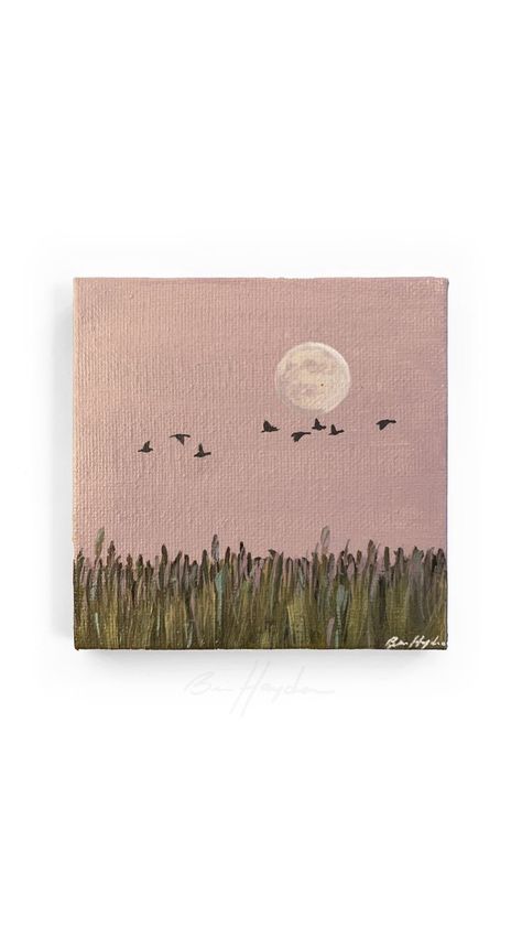Mini acrylic painting by Brie Hayden showing geese flying over a field with a full moon in a pink sky Small Art Work, 4 Piece Painting Ideas, Pink Simple Painting Ideas, Painting Ideas For Tiny Canvas, Small Mini Canvas Paintings, Pretty Canvas Painting Ideas Easy, Simple Art To Paint, Small Art Painting Ideas, Small Nature Paintings