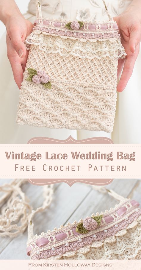 Crochet Vintage Wedding Bag | {Free Pattern Tutorial} | Kirsten Holloway Designs - Kirsten Holloway Designs Cottage Core Crochet Patterns Free, Vintage Crochet Patterns Free, Crochet Accessories Pattern, Coquette Crochet, Crochet Wedding Gift, Wedding Crochet Patterns, Choker Patterns, Delicate Crochet, Vintage Crochet Patterns