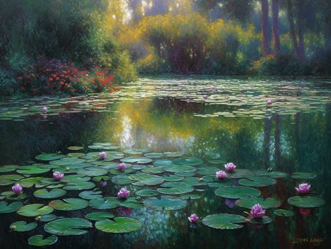 water lilies in a pond Pond Background Art, Painting Pond Water, Pond Reference Photo, Pond Landscape Painting, Lily Pond Aesthetic, Lilly Pond Painting, Water Lilies Photography, Lilypad Pond, Pond With Lily Pads