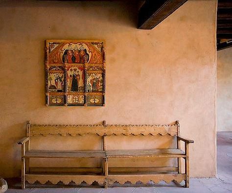 Los Poblanos, New Mexico, Territorial Revival, Adobe Construction Southwestern Furniture, Spanish Furniture, Mexican Interiors, New Mexico Style, Carved Bench, Adobe Home, Mexican Furniture, Mexico Design, Mexico Style