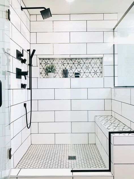 bathroom design ideas small Tile Shower Bench Ideas, Shower Pocket Shelf, Minimalist Shower Design, Simple Bathroom Tiles Design Ideas, Shower With Niche Ideas, Bench Shower Ideas, Tile Shower With Seat, Grey Bathroom Shower Ideas, Shower Bench Ideas Built Ins Tile