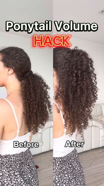 Natalia 🇲🇹 - Curly Hair Coach on Instagram: "How to make your ponytail look fuller! Use this simple trick to make it seem like you have more hair, with more volume, whilst still maintaining a sleek, hair up look! I tend to do this style on day 3+ hair, when I have some frizz but the curls are intact. I like to use the @discovertreluxe gel because it tames my root frizz without giving me a ‘hard’ look. It also adds slip so it makes it easier to style my hair! For 15% off - use 𝐃𝐈𝐒𝐂𝐎𝐔𝐍𝐓 Haircuts To Give Curly Hair Volume, Easy Ponytail Hairstyles Curly Hair, Formal Ponytail Hairstyles Curly Hair, How To Make Curly Ponytail Look Longer, How To Do A Ponytail With Curly Hair, Curly Volume Ponytail, Curly Hair Pony Tailed Hairstyle, Double Curly Ponytail, Easy Ponytails For Curly Hair