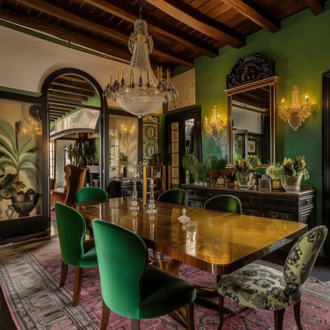 Elegant Green Maximalist Dining Area [Room Inspiration] Green Dining Room Tables, Moody Green Dining Room, Green And Gold Dining Room, Emerald Green Dining Room, Dark Green Dining Room, Maximalist Dining Rooms, Royal Dining Room, Maximalist Dining Room, Moody House