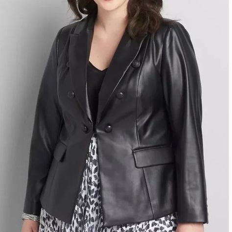 Lane Bryant Faux-Leather Double-Breasted Blazer 18 NWT Lane Bryant, Double Breasted, Plus Size Jacket, Decorative Buttons, Breasted Blazer, Double Breasted Blazer, Leather Blazer, Notched Collar, Name It