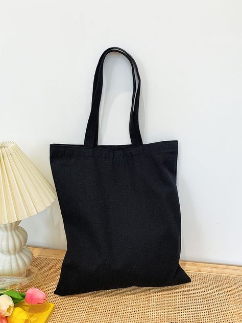 Black Preppy   Canvas Plain Shopper Bag Embellished   Women Bags Plain Tote Bag, Plain Tote Bags, Black Preppy, Casual Preppy, Style Preppy, Canvas Shopping Bag, Mua Sắm, Shopper Tote, Travel Tote