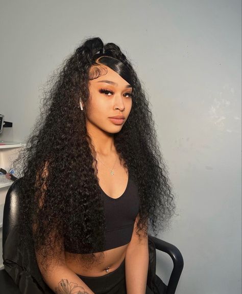 Waterwave Lacefront Wig Black Styles, 2 Buns Deep Wave Wig, Deep Wave Frontal Wig Hairstyles Swoop, Deep Wave Half Up Half Down With Swoop, Hairstyles For Curly Lace Wig, Wigs For Black Women Styles Curly, Wig Styles Curly Hair, Wet And Wavy Wig Hairstyles With Braids, Side Swoop Lace Wig Curly