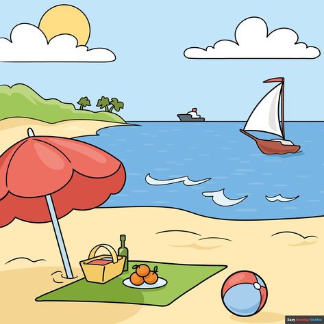 Learn How to Draw a Summery Scenery: Easy Step-by-Step Drawing Tutorial for Kids and Beginners. See the full tutorial at https://easydrawingguides.com/how-to-draw-a-summery-scenery/ . Step By Step Drawing Scenery, Scenary Drawings For Kids, Summer Vacation Drawing Ideas, Cartoon Scenery Landscapes, Summer Season Drawing For Kids, Scenery To Draw, Landscape Drawings Easy Step By Step, Beach Drawing For Kids, Summer Sketches Ideas