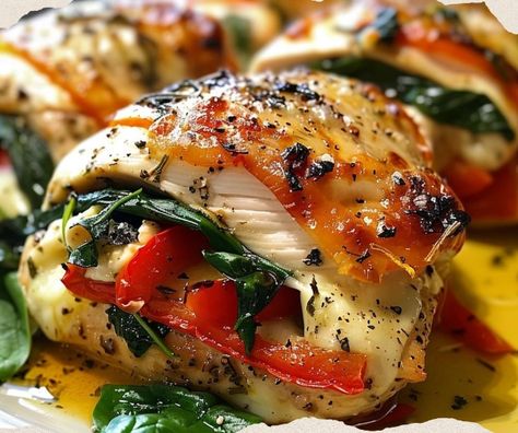 roasted red pepper, spinach, and mozzarella stuffed chicken - Spinach And Roasted Red Pepper Stuffed Chicken, Thermomix, Spinach And Red Pepper Stuffed Chicken, Roasted Red Pepper Spinach Mozzarella Stuffed Chicken, High Protein Stuffed Chicken, Roasted Red Pepper Spinach Chicken, Meat And Vegetables Dinner, Greek Stuffed Chicken, Pita Burger