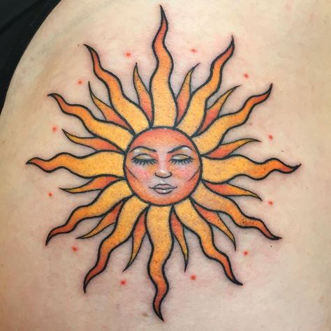 cool 60 Majestic Sun Tattoo Ideas - Light Up Your World and Feel The Power Check more at http://stylemann.com/best-sun-tattoo-ideas/ Spiritual Sun Tattoo, Sun Tattoo Color, Traditional Sun Tattoo, Spiritual Sun, Tattoos Colorful, Design Tatuaje, Sun Tattoo Small, Americana Tattoo, Moon Sun Tattoo