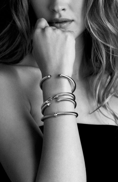 David Yurman Cable Classics Bracelet with Semiprecious Stones & Diamonds | Nordstrom Modern Silver Jewelry, Pearl Cuff Bracelet, David Yurman Bracelet, Pearl Cuff, Black Onyx Bracelet, Cable Bracelets, David Yurman Jewelry, Onyx Bracelet, Sterling Silver Cuff Bracelet