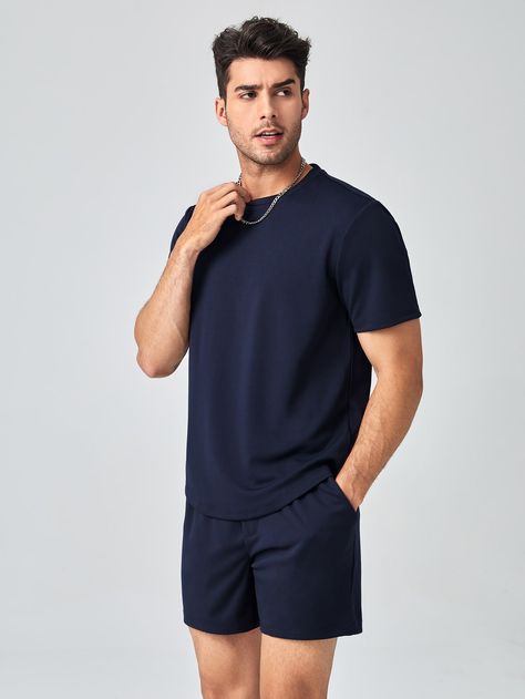 Navy Blue Casual Collar Short Sleeve  Plain  Embellished Slight Stretch Summer Men Co-ords Outfit Short Azul, Blue Shorts Outfit Men, Blue Tee Outfit, Mens Gym Outfit, Blue Shorts Outfit, Modern Mens Fashion, Mens Shorts Outfits, Navy Outfit, Navy Blue Shorts