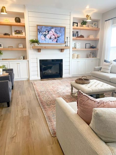 Build Out Tv Wall, Tv Stand Ideas Built In, Familyroom Builtins With Fireplace, Living Room Built Ins With Tv Diy, Tv Fireplace With Built Ins, Tv Builtins With Fireplace, Family Room Design Fireplace, Rectangle Shaped Living Room Layout, Family Room Fireplace Ideas Farmhouse