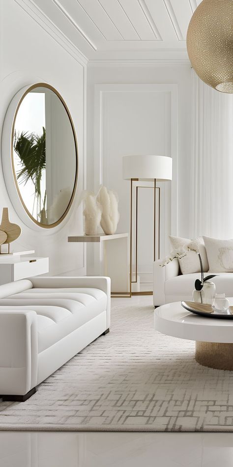 Simple Modern Living Room Decor, White Modern Living Room Luxury, White Minimal Living Room, White Luxury Living Room, White And Beige Living Room, All White Interior Design, White Sofa Decor, White And Gold Living Room, White Modern Living Room