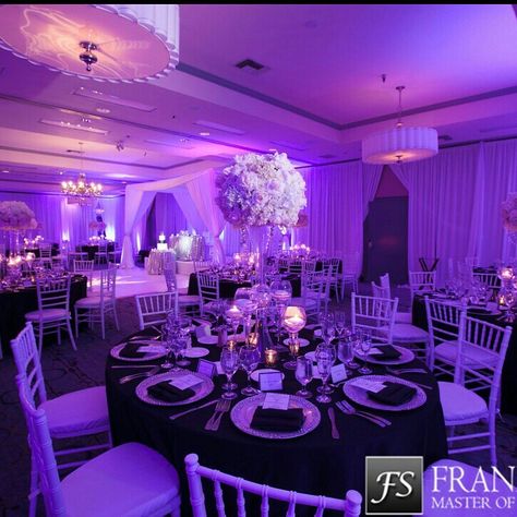 Lavender And Black Quinceanera Ideas, Black And Violet Wedding, Purple Black And White Wedding Ideas, Black And Purple Themed Wedding, Black And Purple Wedding Reception, Black And Purple Wedding Decorations, Lavender And Black Wedding Theme, Purple Black White Wedding, Royal Purple Wedding Theme