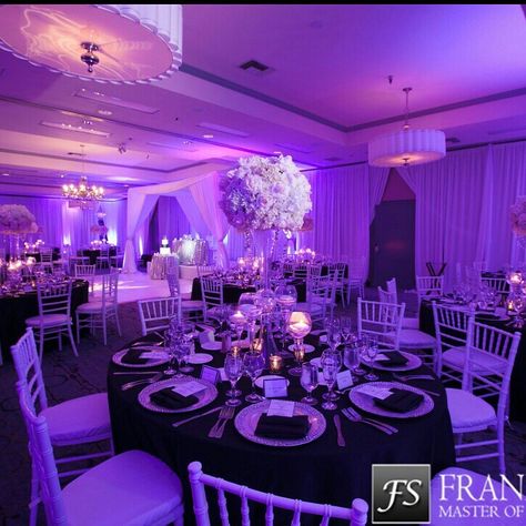 Lavender And Black Quinceanera Ideas, Purple Black And White Wedding Ideas, Black And Purple Themed Wedding, Black And Violet Wedding, Black And Purple Wedding Reception, Lavender And Black Wedding Theme, Purple Black White Wedding, Royal Purple Wedding Theme, Purple Black And Silver Wedding