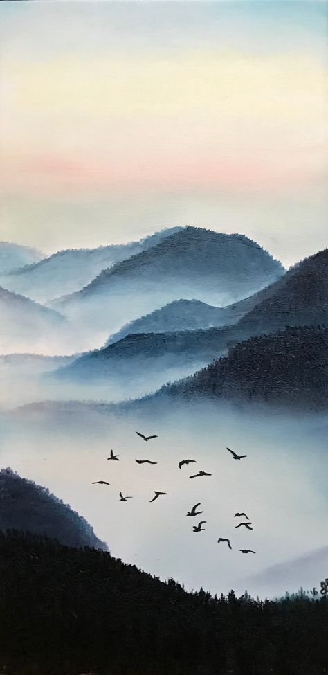 Fog Landscape Painting, Hills Watercolor Paintings, Hills Acrylic Painting, Foggy Lake Painting, Mountain Painting Wallpaper, Mountain Paintings Watercolor, Mountains And Water Painting, Morning Landscape Painting, Chinese Scenery Painting