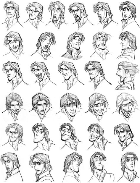 Flynn Rider Expressions, Elsa Expression Sheet, Emotion Expression Drawing, Comic Character Expressions, Flynn Rider Character Design, Disney Artstyle Sketch, Disney Faces Drawings, Drawing Like Disney, Model Sheet Character Face Expressions