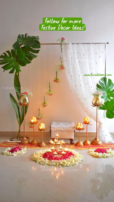 Mandir Decor, Ganpati Decoration Theme, Mandir Decoration, Ganesh Chaturthi Decoration, Home Flower Decor, Thali Decoration Ideas, Ganpati Decoration At Home, Diy Floral Decor, Janmashtami Decoration