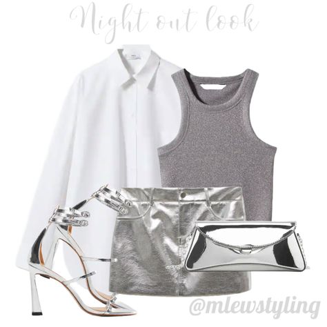 Night out look with a silver mini skirt, white button down, silver tank top, bag and metallic heels all from mango 🩶 Tags: date night look, party outfit, silver stiletto sandals, ootn, silver chain purse, outfit ideas, fall fashion, Mango sale Follow my shop @mlewstyling on the @shop.LTK app to shop this post and get my exclusive app-only content! #liketkit #LTKfindsunder100 #LTKsalealert #LTKshoecrush @shop.ltk https://liketk.it/4jhZM Silver Tank Top Outfit, Silver Skirt Outfit Metallic, Silver Purse Outfit, Silver Mini Skirt Outfit, Purse Outfit Ideas, Silver Skirt Outfit, Silver Skirt Outfits, Metallic Skirt Outfit, Silver Mini Skirt