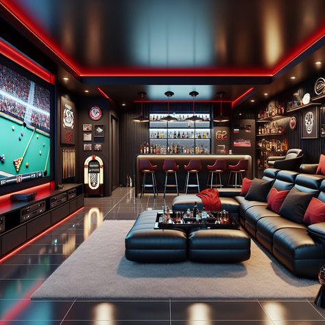 Step inside this sleek, modern man cave with a striking black and red color theme. It's furnished with a leather sofa, a colossal curved screen TV, a top-class billiards table, a vintage jukebox, a well-stocked mini bar, and chic bar stools. The shine of neon lights casts a cozy yet vibrant allure on sports memorabilia each telling a story. 

#ManCave #InteriorDesign #HomeDecor #ModernDesign #EntertainmentRoom #GameRoom Multi Tv Wall Man Cave, Modern Mancave Interior, Man Cave Multiple Tvs, Modern Man Cave Design, Sports Themed Game Room, Man Cave With Bar, Game Room Design Modern, Man Den Ideas, Modern Sports Bar