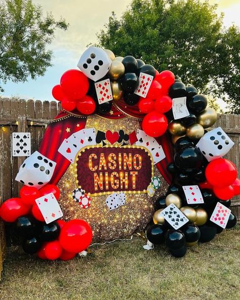 Vegas Balloon Garland, Casino Themed Photoshoot, Casino Theme Christmas Party, 50th Casino Birthday Ideas, Casino Night Balloon Arch, Las Vegas Balloon Decor, Vegas Formal Theme, Las Vegas Centerpieces, Blue Casino Theme Party