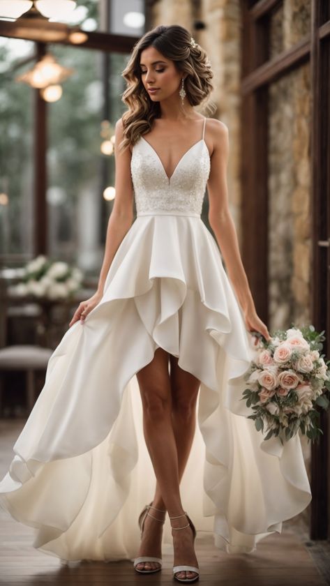 Flatter your curves with these stunning wedding dress ideas for large sizes. Wedding Dresses Short Front Long Back, Short In The Front Wedding Dress, Beaxh Wedding Dress, Short Wedding Dress With Tail, Beach Wedding Dress High Low, Very Short Wedding Dress, Short Front Wedding Dress, Hint Of Color Wedding Dresses, Boho High Low Wedding Dress