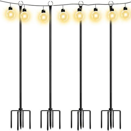 Walensee String lights pole is designed with incorporate 5-prong 10-inch solid iron ground forks, which can stand on the ground more firmly than the ordinary Trident base, prevents it from bending, breaking or wobbling by the wind. Stability has been greatly improved. Size: 4 Pack.  Color: Black. Outdoor String Light Poles, String Light Poles, Light Hanger, Hanging String Lights, Hanger Stand, Light Pole, Christmas Lanterns, Patio Lighting, Metal Hangers